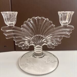 Vtg Imperial Pressed glass MCM Hollywood dual Fan two candle holder floral etch